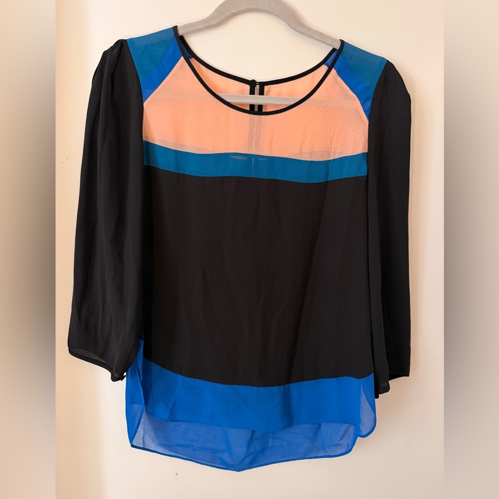 Colorblock Sheer Layered Blouse - Black & Blue with Peach Panel